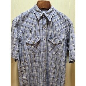 Cowboy Hardware Shirt Mens Large Blue Plaid Short‎ Sleeve Pearl Snap Western